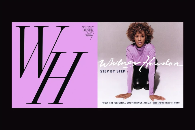 Album cover for Whitney Houston's 'Step by Step' featuring a portrait of the artist and the album's title and a large 'WH' graphic.