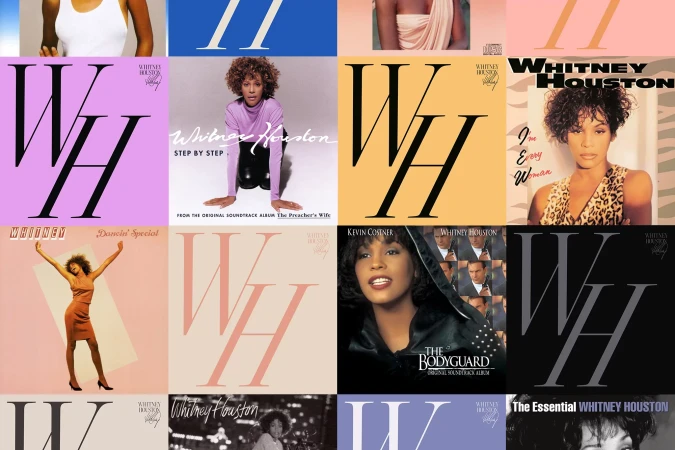 Collection of Whitney Houston album covers featuring portrait shots of the singer and bold 'WH' typography in various colour schemes.