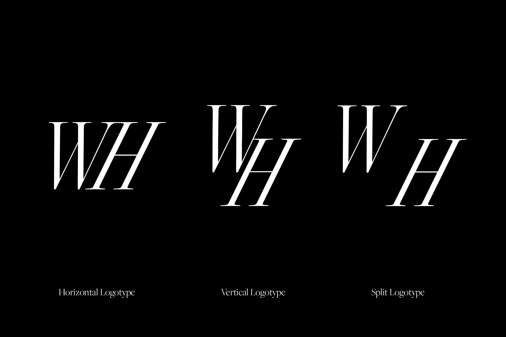 Elegant logotype variations featuring stylized 'WH' initials in horizontal, vertical, and split arrangements against a stark black backdrop.