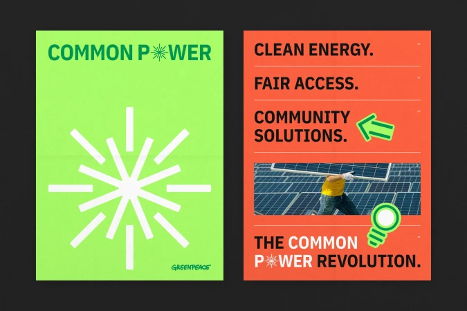 Graphic art for clean energy and environmentalism featuring a solar panel installation and messaging around access and community.