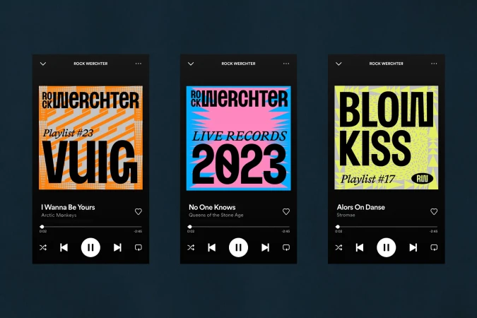 Three music playlist covers featuring the text 'Rock Werchter', playlist numbers, and song titles against graphic colorful backgrounds.