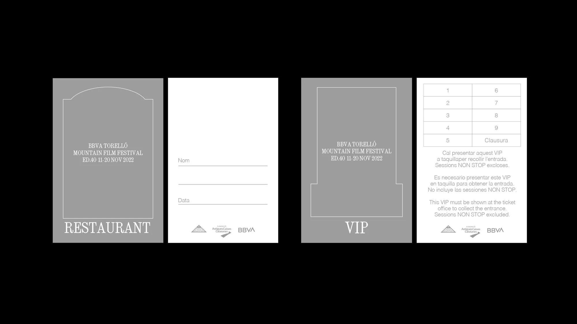 Restaurant and VIP tickets for the BBVA Torelló Mountain Film Festival, ED.40 11-20 NOV 2022, with name and data fields.