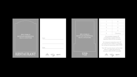 Monochrome graphic design showing branded ticket layouts with typography for Torelló Mountain Film Festival.