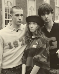Three young models posing outdoors in vintage athletic sweaters and a bucket hat for a Vogue Polska fashion editorial.