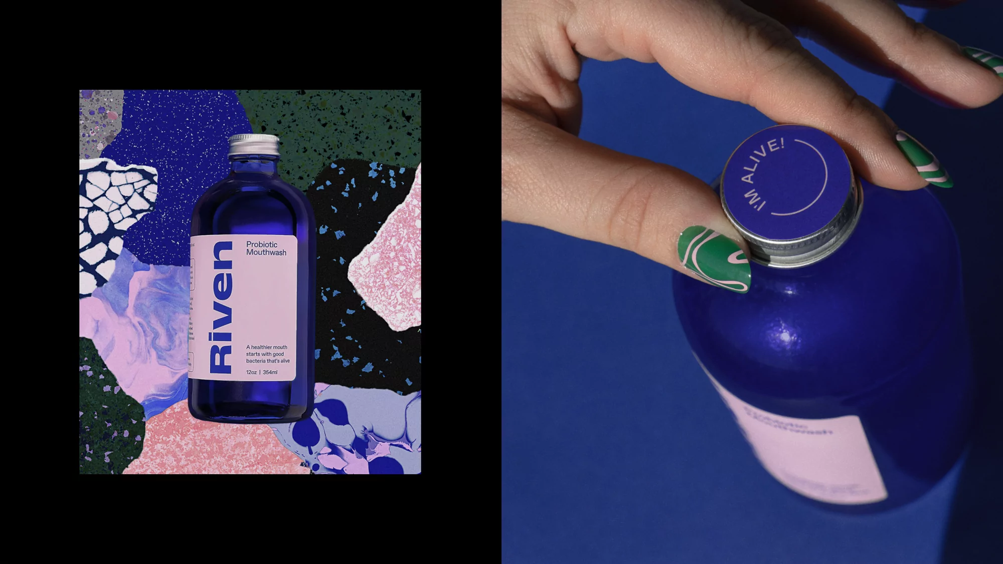 A blue Riven Probiotic Mouthwash bottle displayed against an abstract patterned background and held by a hand with decorated nails.