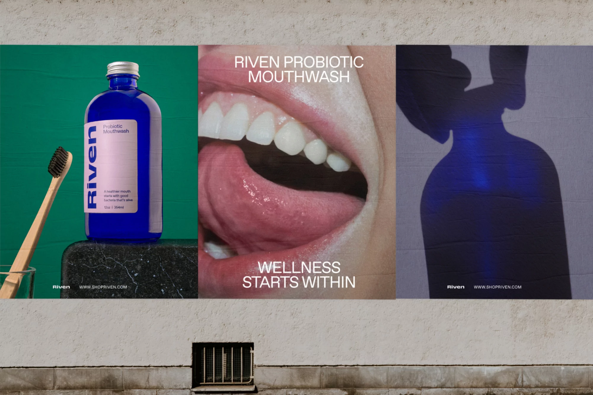 Close-up studio shot of a mouthwash bottle with toothbrush, a human mouth, and an abstract bottle shadow, all arranged as ad posters.
