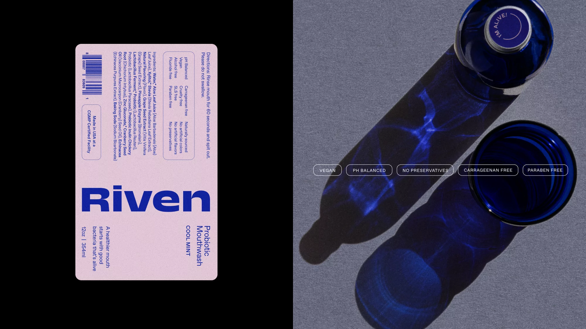 Riven probiotic mouthwash product shot. Blue bottle and cup on grey background, with label details and product benefits visible.