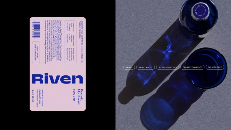 Riven probiotic mouthwash product shot. Blue bottle and cup on grey background, with label details and product benefits visible.