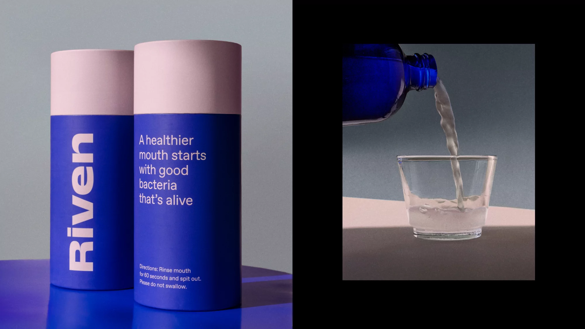 Two blue and white Riven brand mouthwash bottles shown with liquid being poured into a clear glass on a light blue surface.