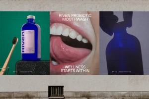 Three vertical brand identity posters for Riven probiotic mouthwash displayed on a textured concrete wall.