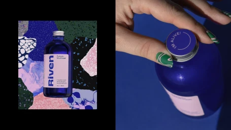 Blue glass bottle of Riven probiotic mouthwash with a pink label against a collage background