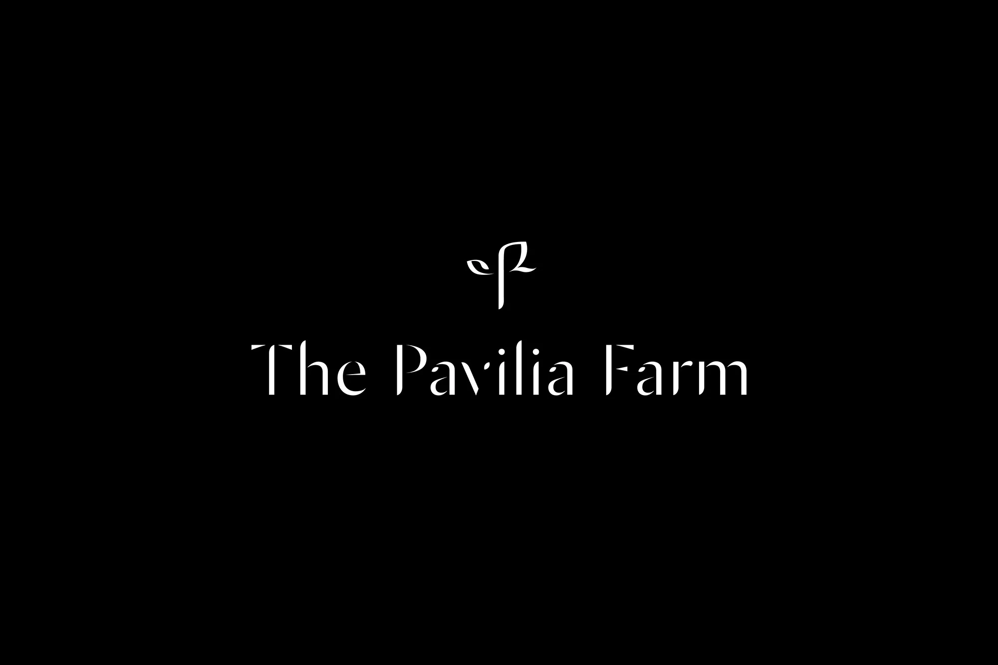 The Pavilia Farm logo against a black background with a stylized floral icon and the brand name in elegant white lettering.