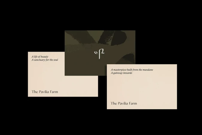 Three marketing cards for The Pavilia Farm featuring text about beauty and a abstract green design, set against a black background.