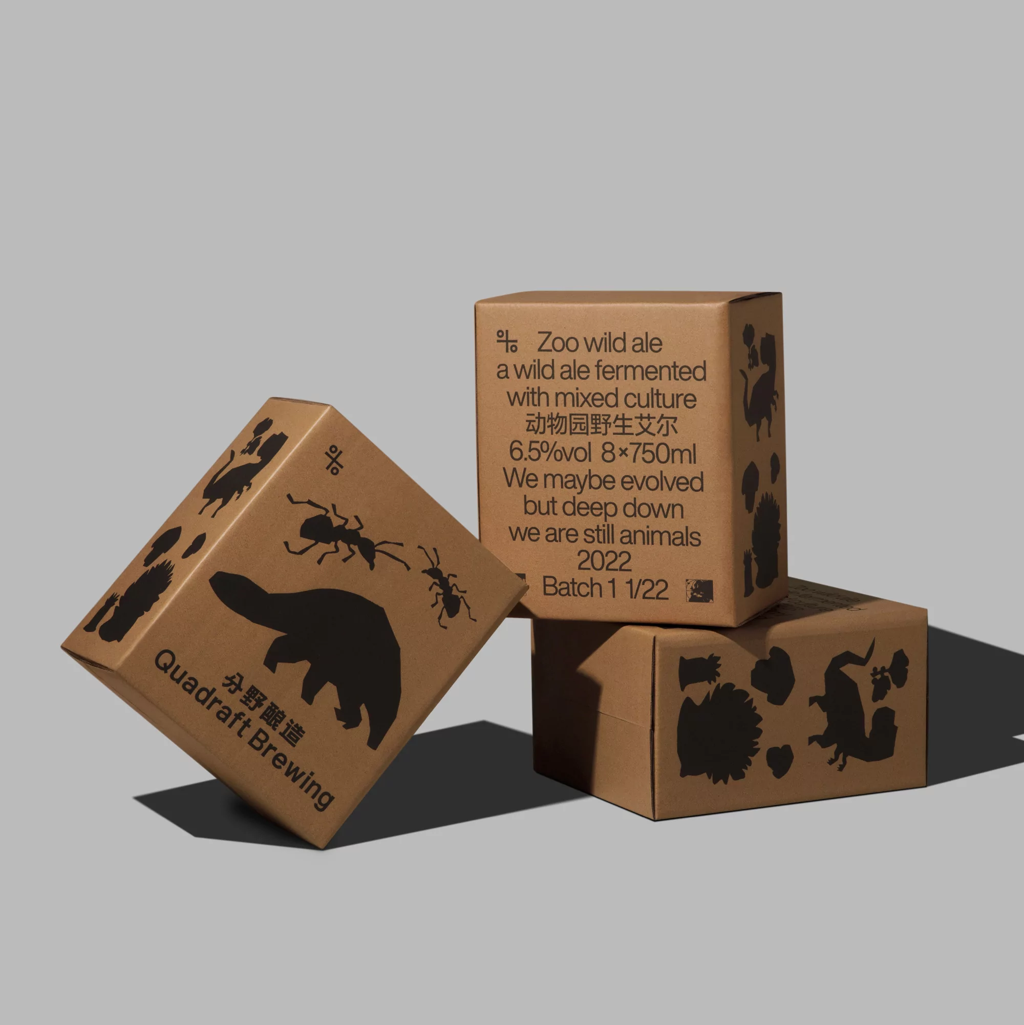 Three cardboard boxes stacked, featuring printed animal silhouettes, and Quadraft Brewing logo against a neutral background.