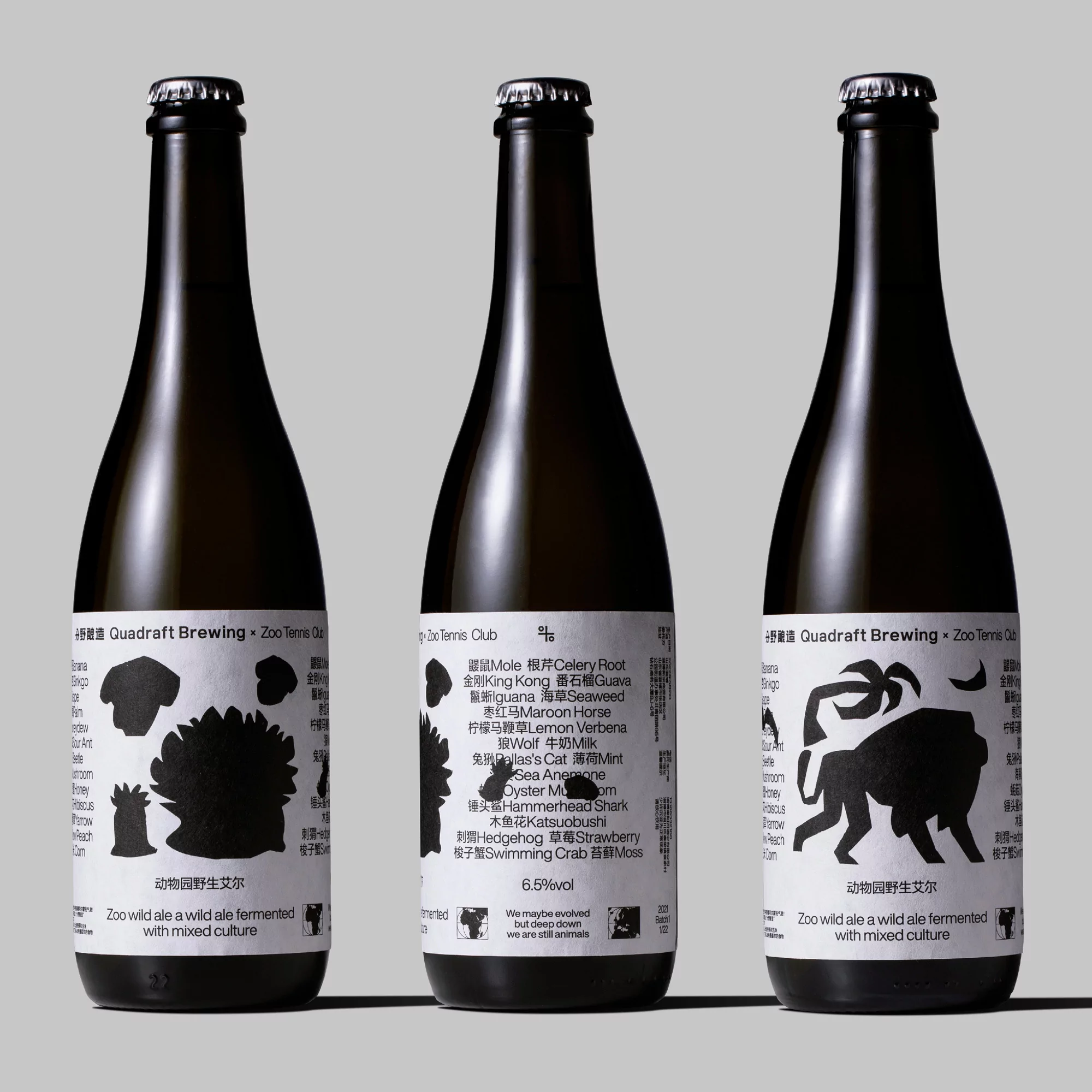 Three bottles of Quidraft Brewing Zoo Tennis Club ale with animal-themed labels stand against a grey background.