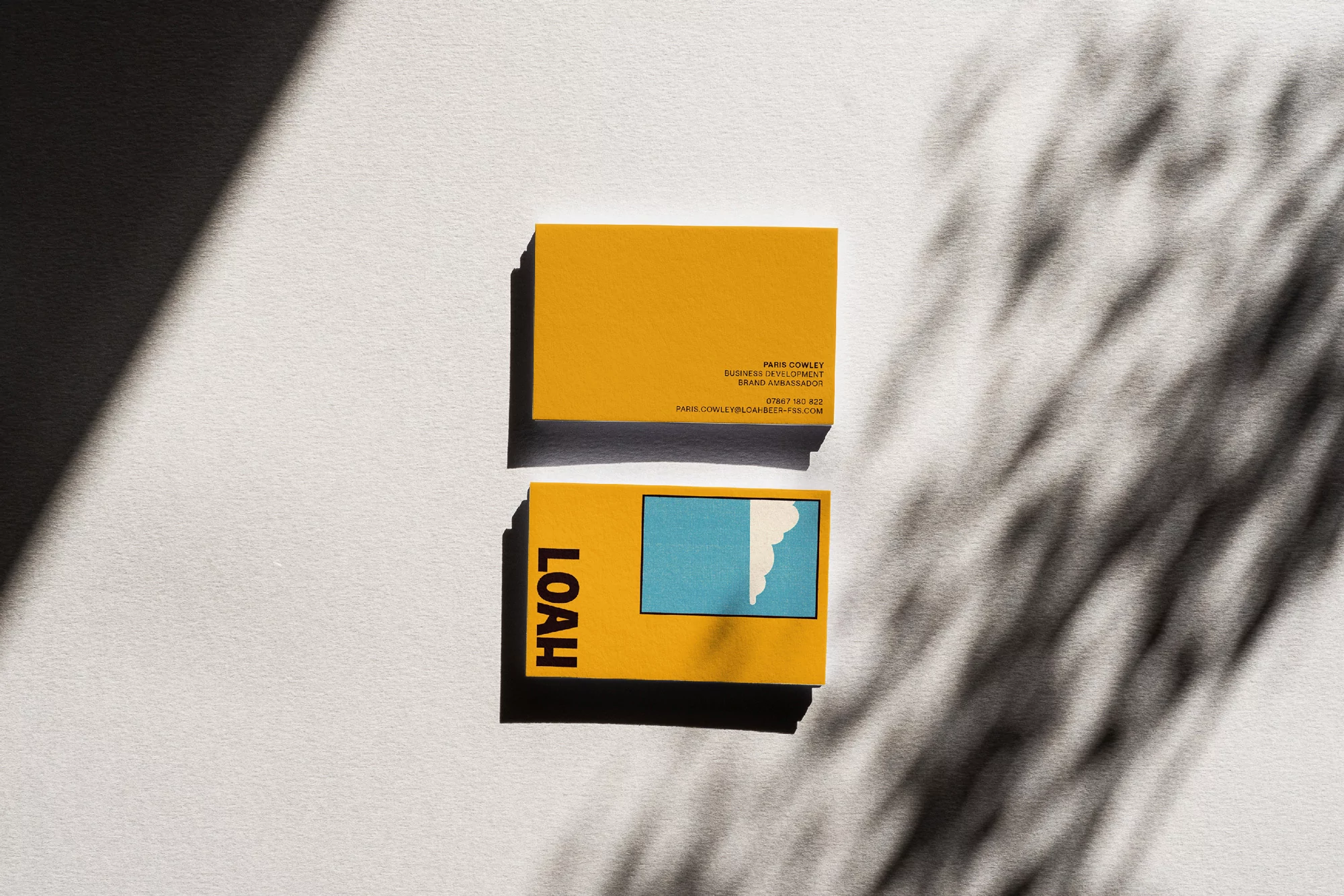 Two yellow business cards are arranged on a white surface with the shadows of tree branches casting across the scene in a high-angle shot.