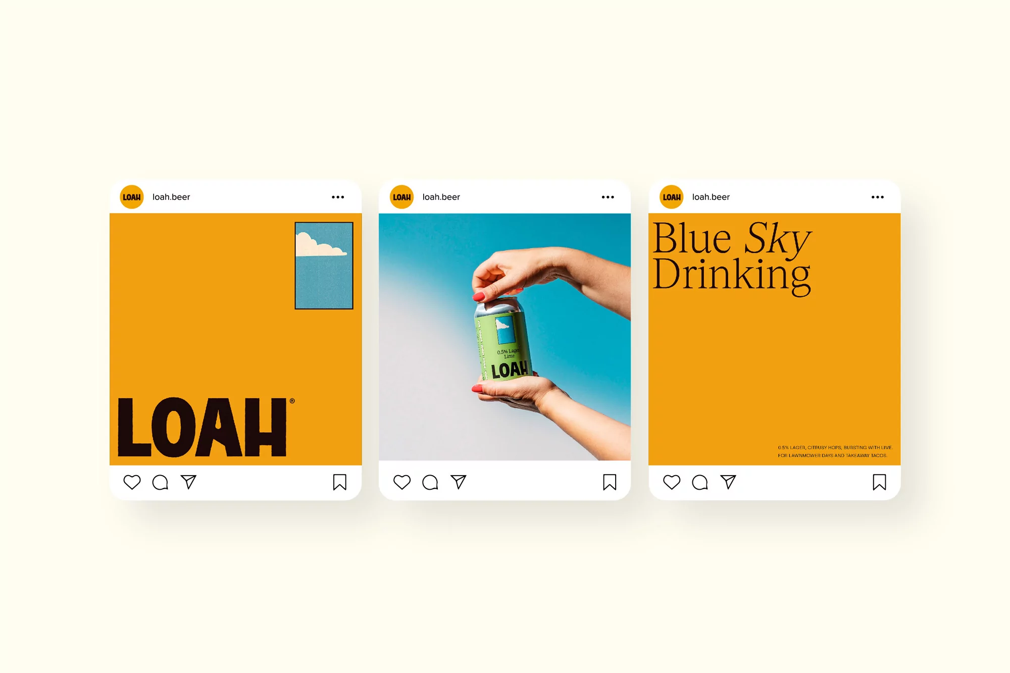 Three Instagram posts for Loah beer. The first features the logo and a blue cloud design. The second features a hand holding a can of beer.