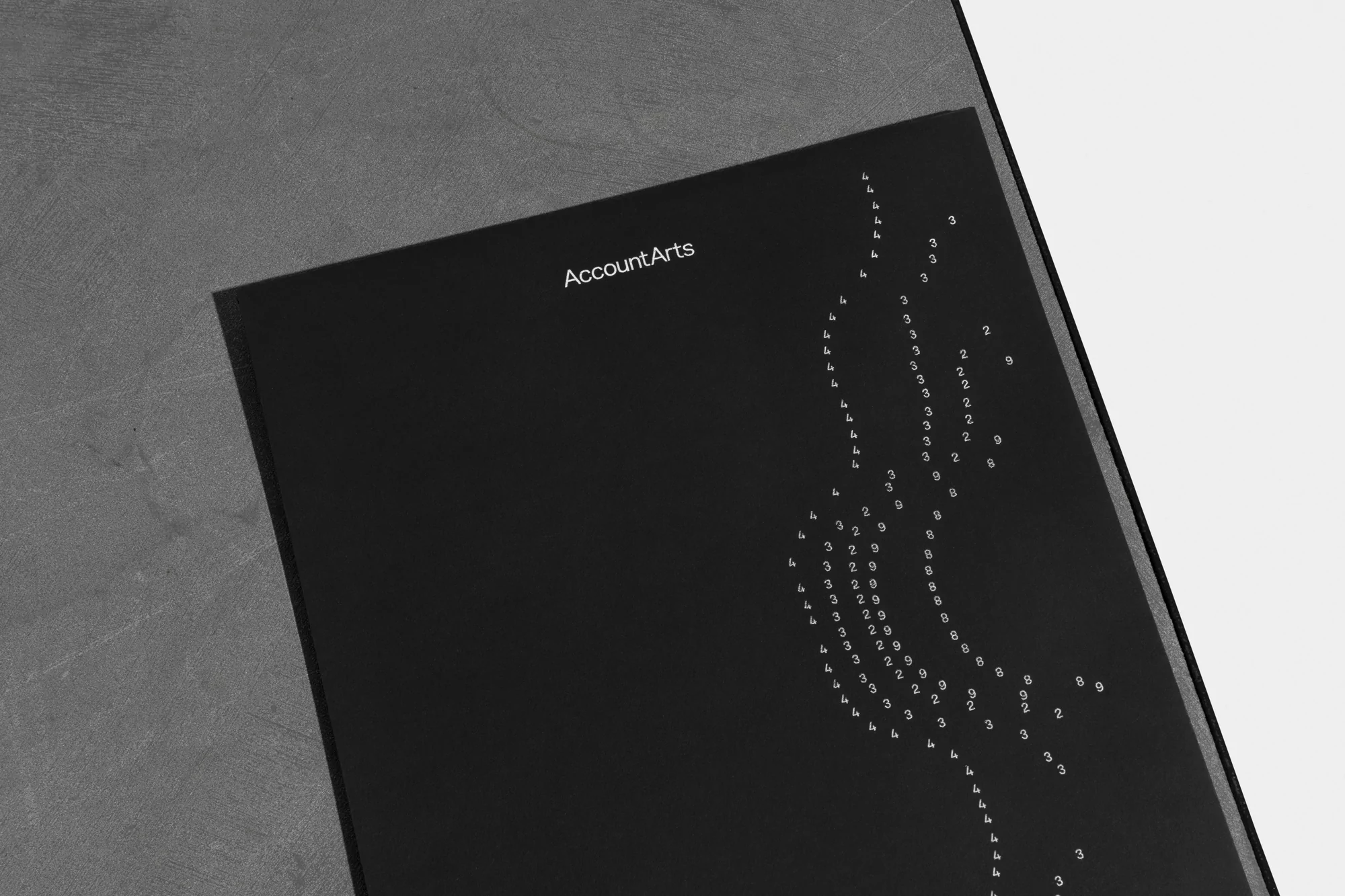 Minimalist book cover design featuring the text 'AccountArts' and a pattern of numbers on a dark background, conveying a modern aesthetic.