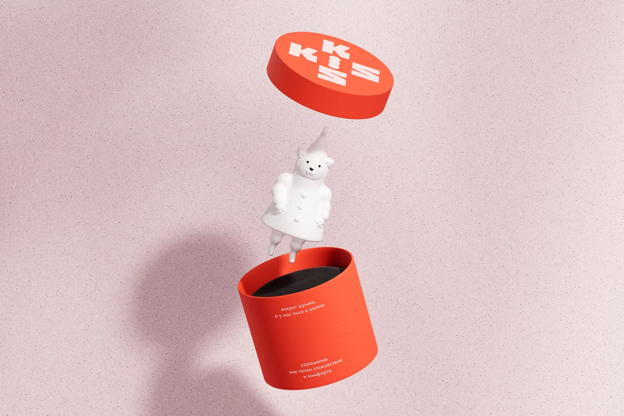 Product shot of a red box with a lid and white bear figure floating above an open container against a light pink background.