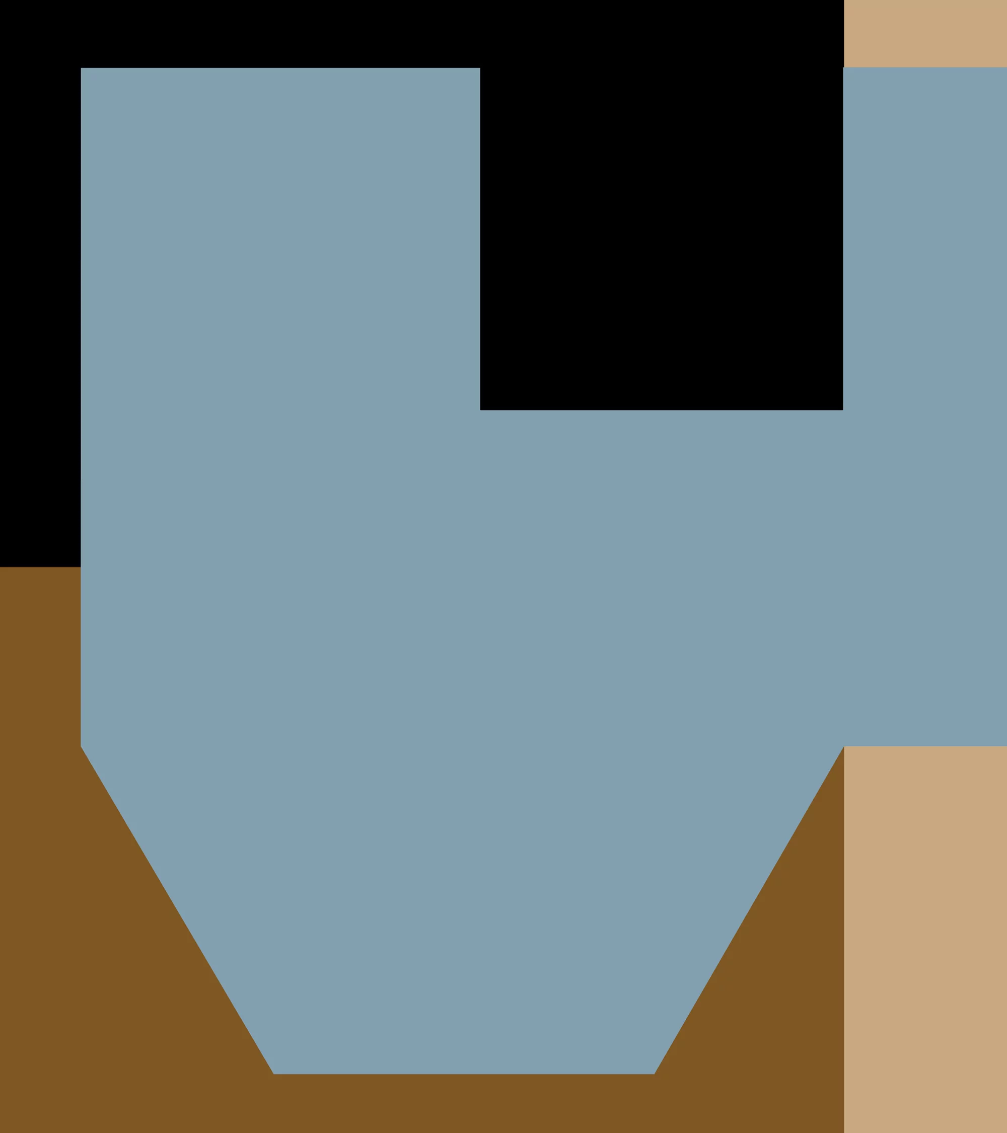 Abstract geometric composition features large planes of blue, black, brown and beige with sharp angles and contrasting light conditions.