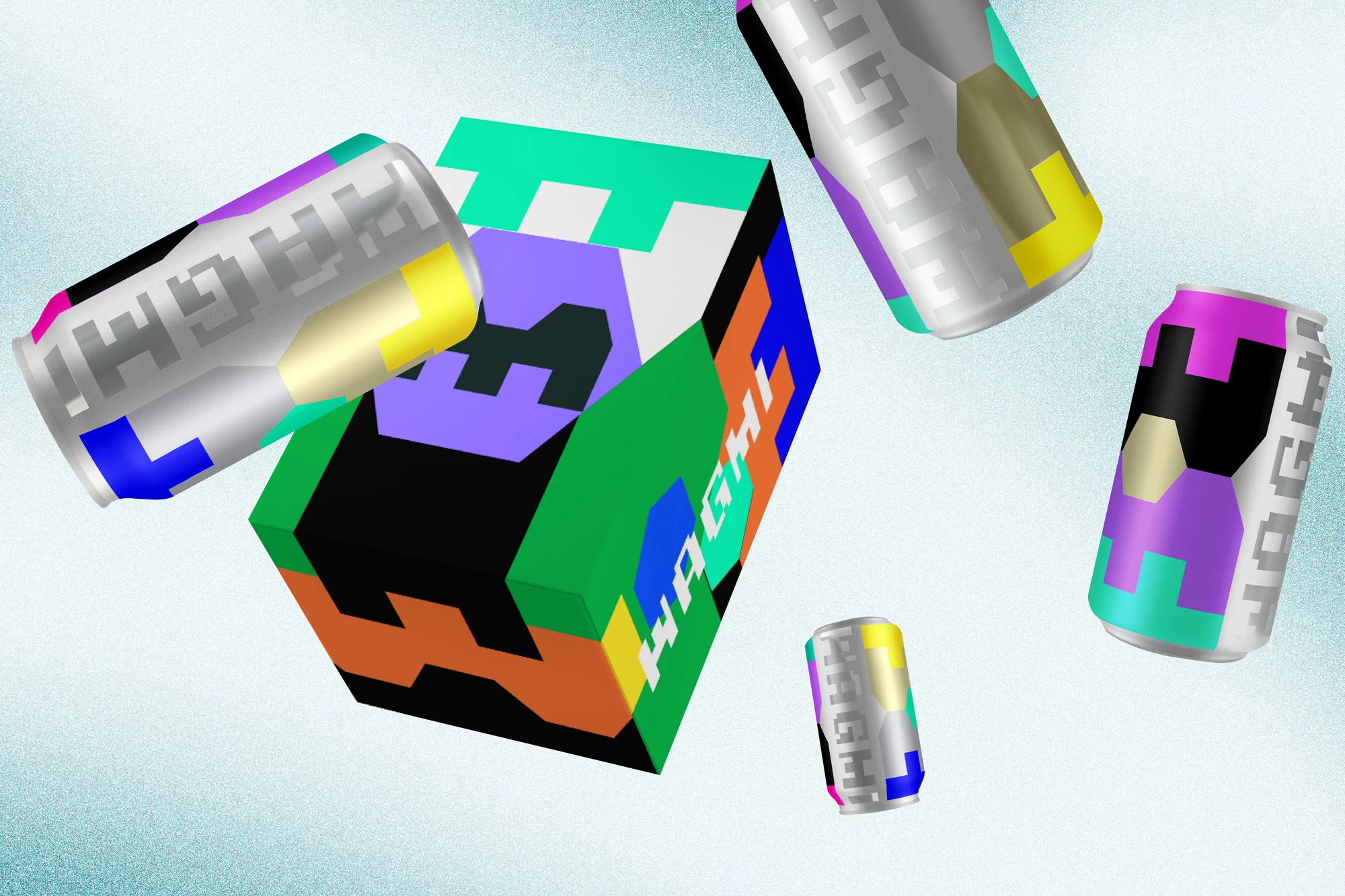 CGI rendering of colorful cubes and floating beverage cans with 'HAGHI' logo against a light blue gradient background, digital art.