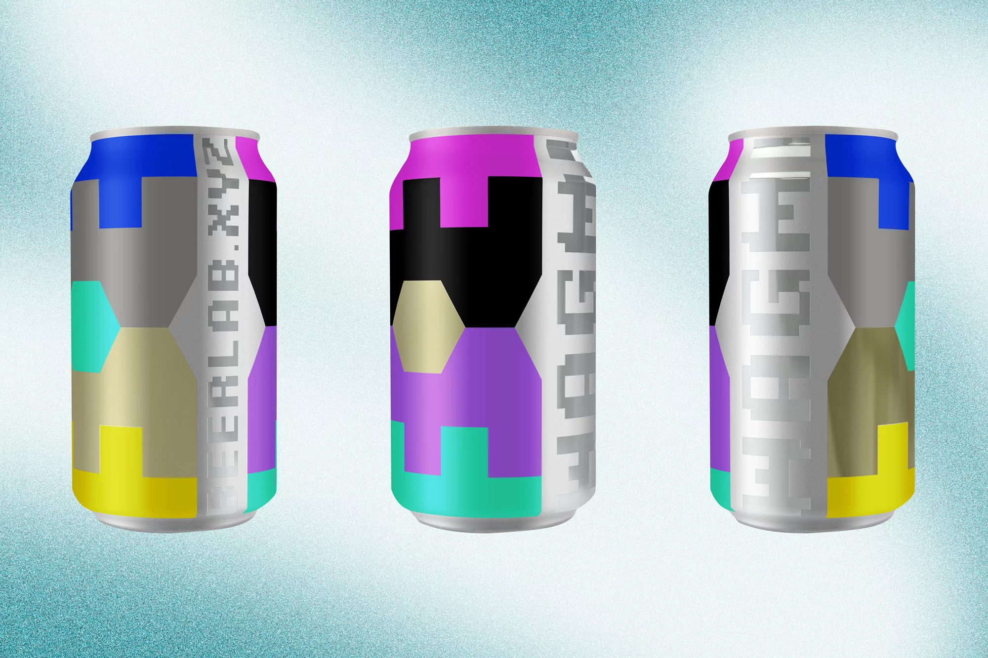Three colorful beer cans with abstract pixel art designs on a light blue background. Beverage packaging and branding with bold colors.