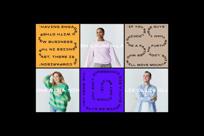 Collection of six square portraits. Three people, two women and one man, are interspersed with text blocks on a white background.