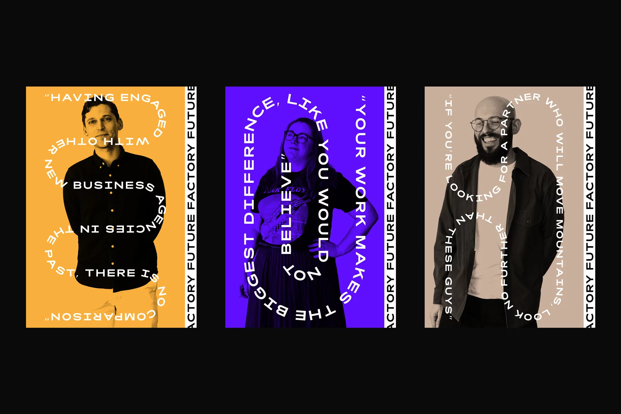 Triptych poster design features three people with overlaid text in shades of orange, purple, and tan, on a black background.