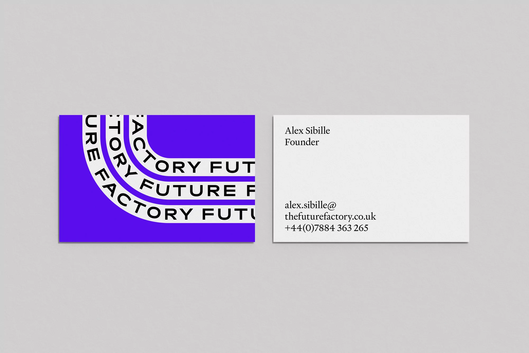 Two business cards on a light gray surface. The left card features a purple graphic design with stacked text, and the right card displays contact details.