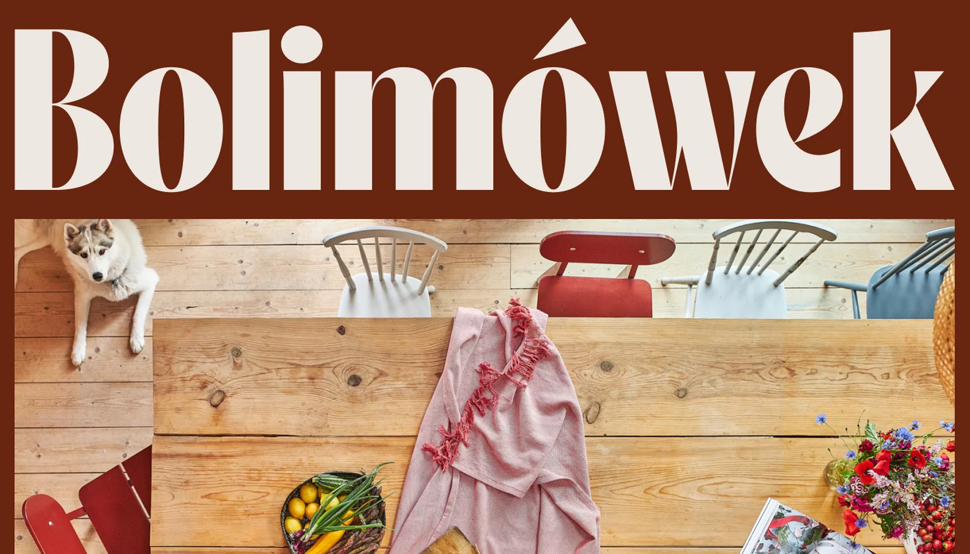 High-angle shot of a wooden table with food, decor, chairs, and a dog, all under a brown banner with large white text.