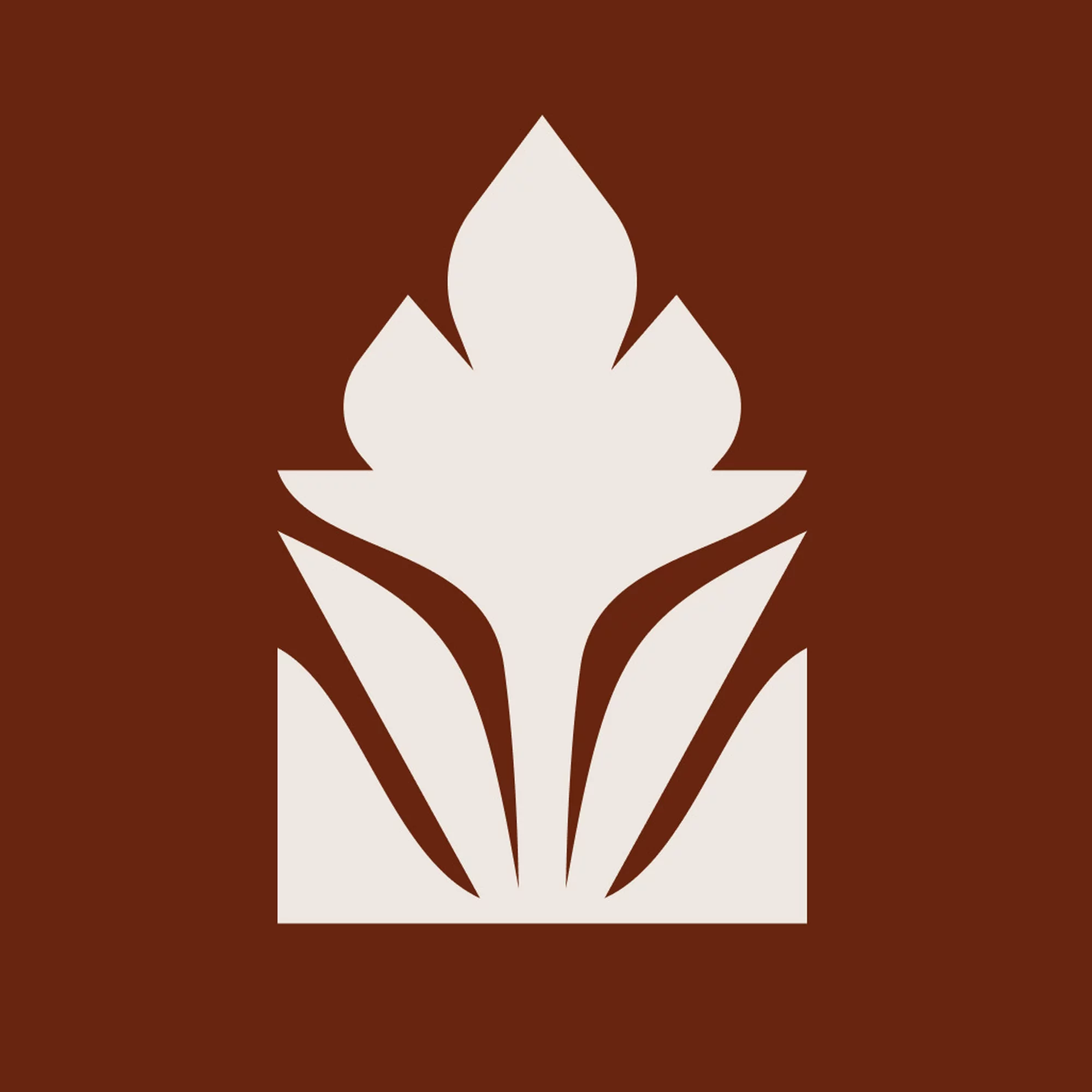 Abstract plant logo design in light beige against a brown background. The geometric design features stylized leaves and a symmetrical shape.