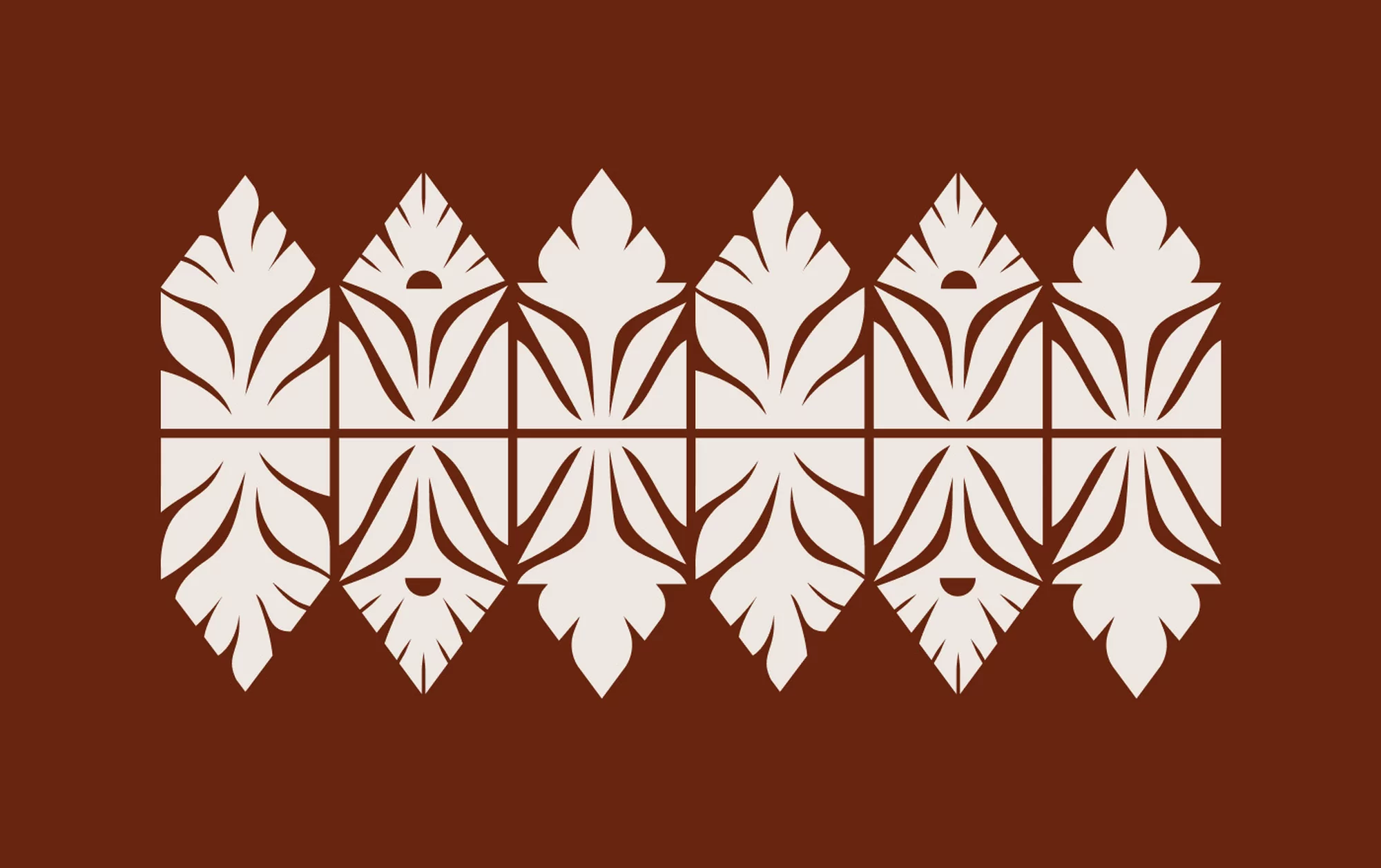 Graphic background with repeating symmetrical pattern of leaves and geometric shapes in brown and beige tones, flat vector illustration.