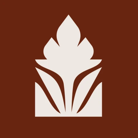 Minimalist graphic logo featuring a white floral botanical motif centred on a solid brown background.
