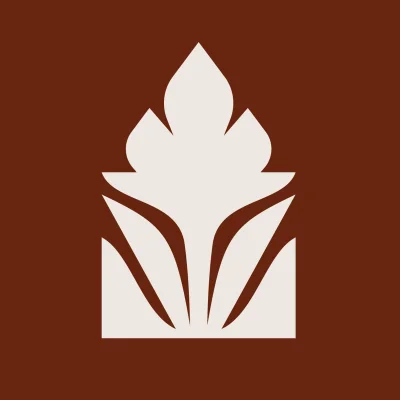 Minimalist graphic logo featuring a white floral botanical motif centred on a solid brown background.