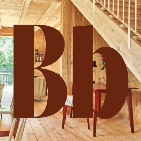 Large bold brown serif typography reading BI overlying a warm wood-paneled interior with stairs and furniture.