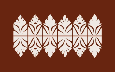 Bolimowek brand identity featuring a symmetrical white botanical and leaf pattern on a solid brown background.