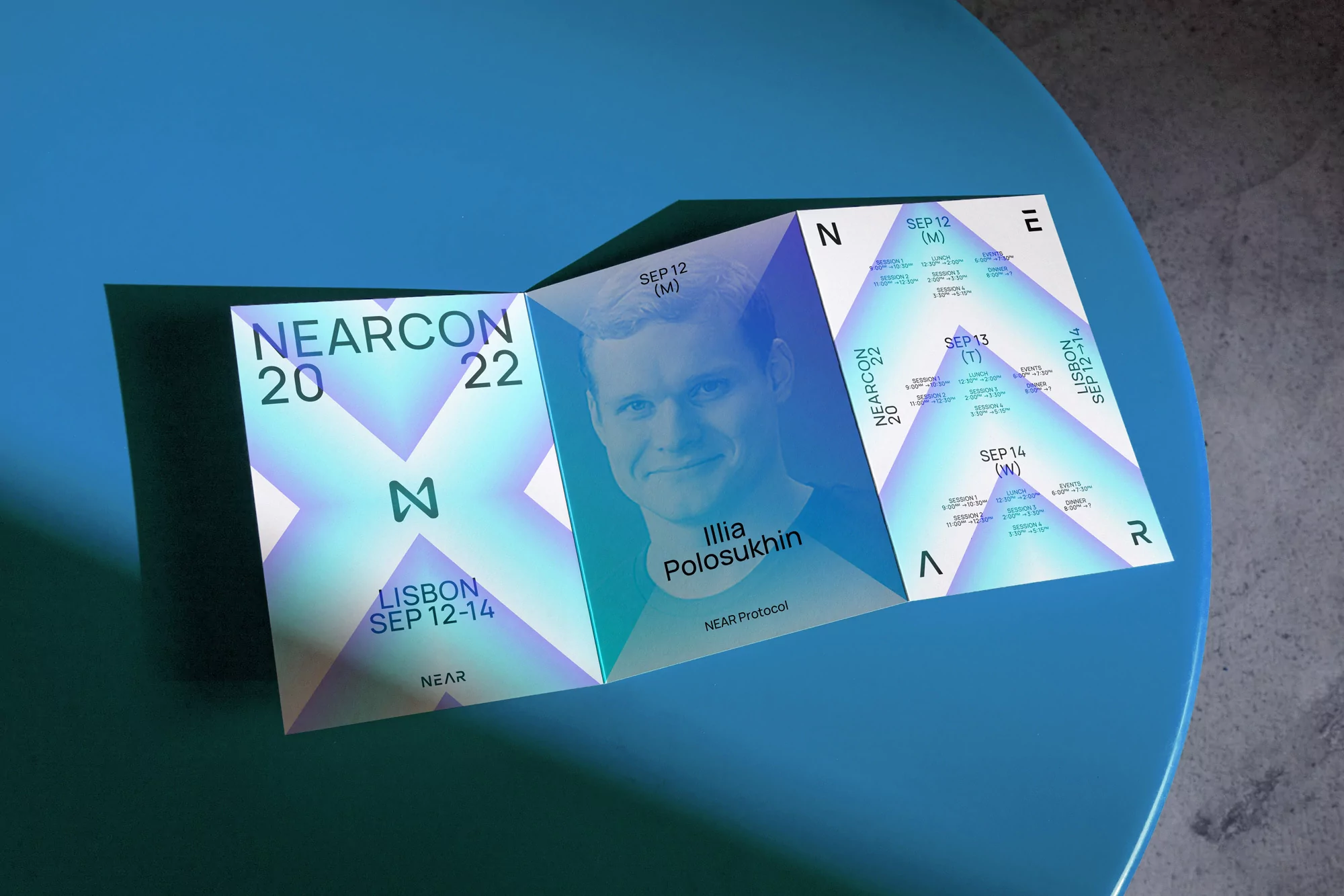 Conference flyer featuring an image of Illia Polosukhin from NEAR Protocol. Flyer also advertises the NEARCON 2022 conference in Lisbon.