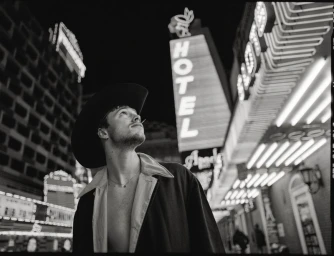 Monochrome portrait of a man wearing a cowboy hat looking up against an illuminated hotel sign street backdrop.