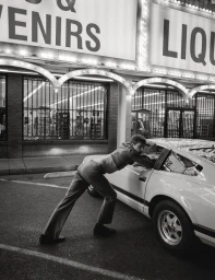 Model leaning into a parked car outside a store at night in a black and white editorial fashion photograph.