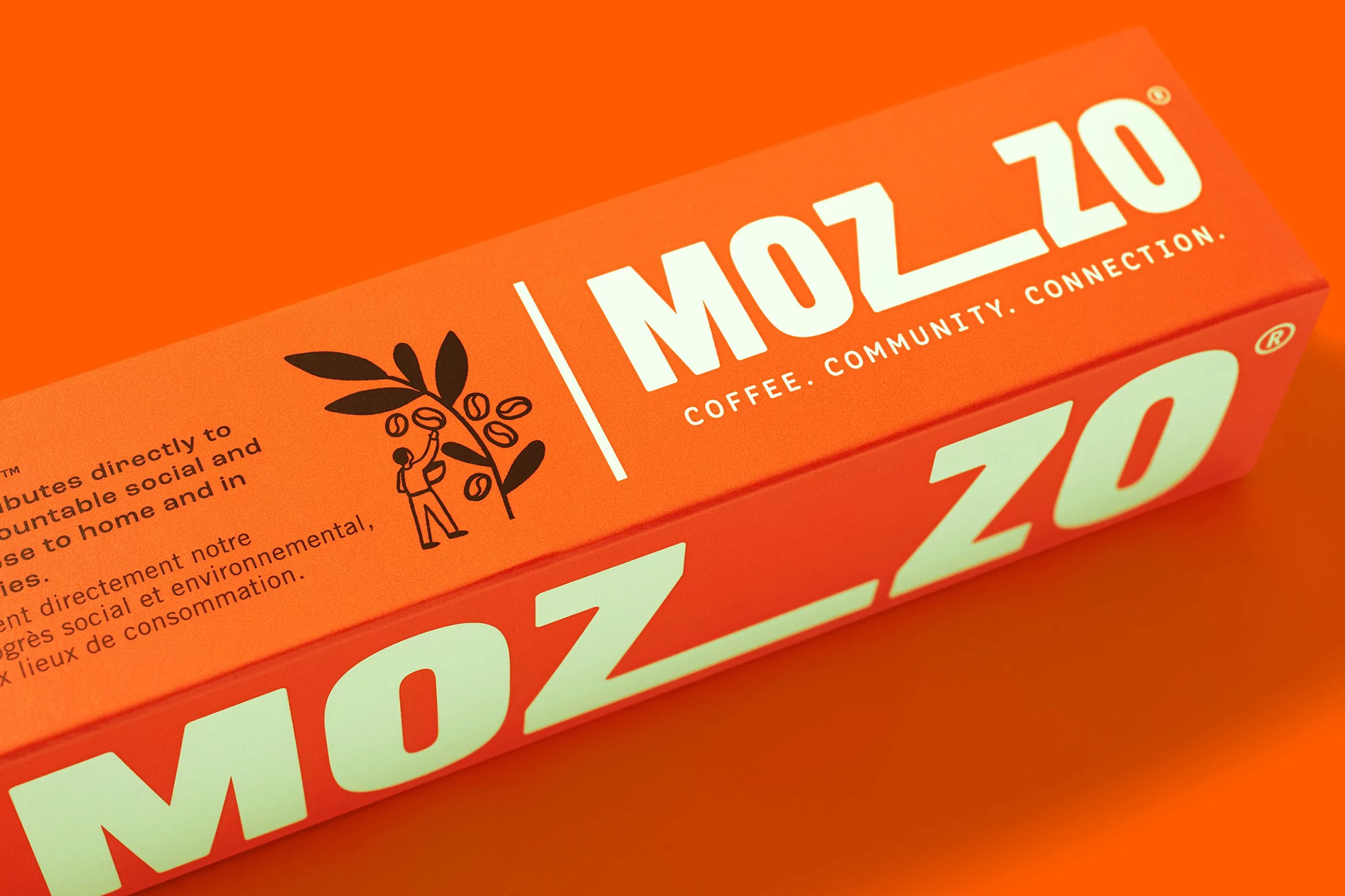Orange Mozzo coffee box on a matching backdrop. Text reads 'Coffee. Community. Connection.' with a coffee bean plant graphic.