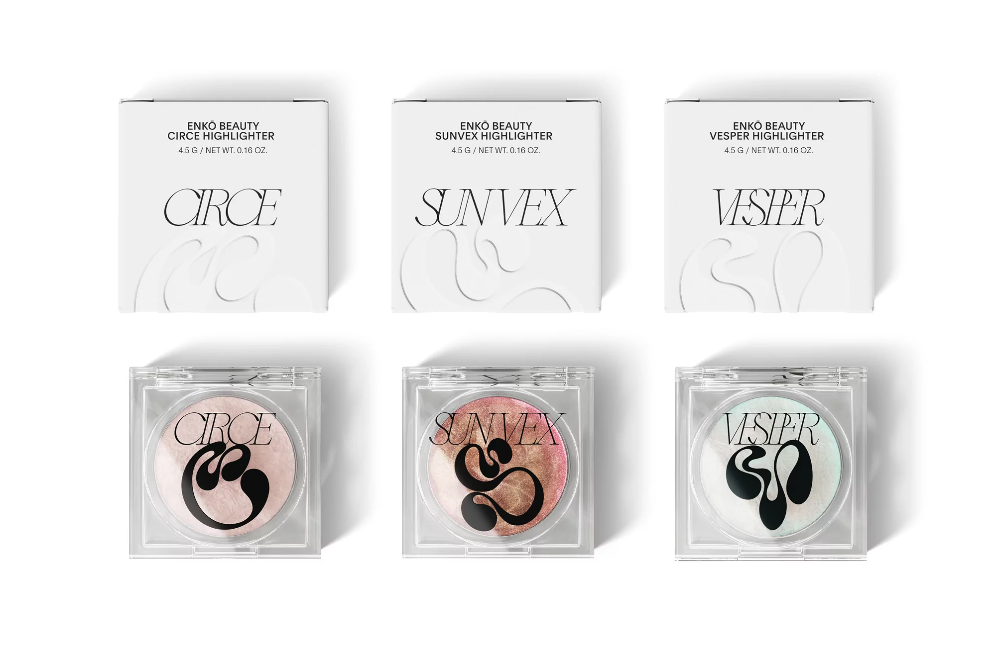 Cosmetic display of Enko Beauty highlighters in square compacts and boxes with sleek, minimalist packaging on a white background.