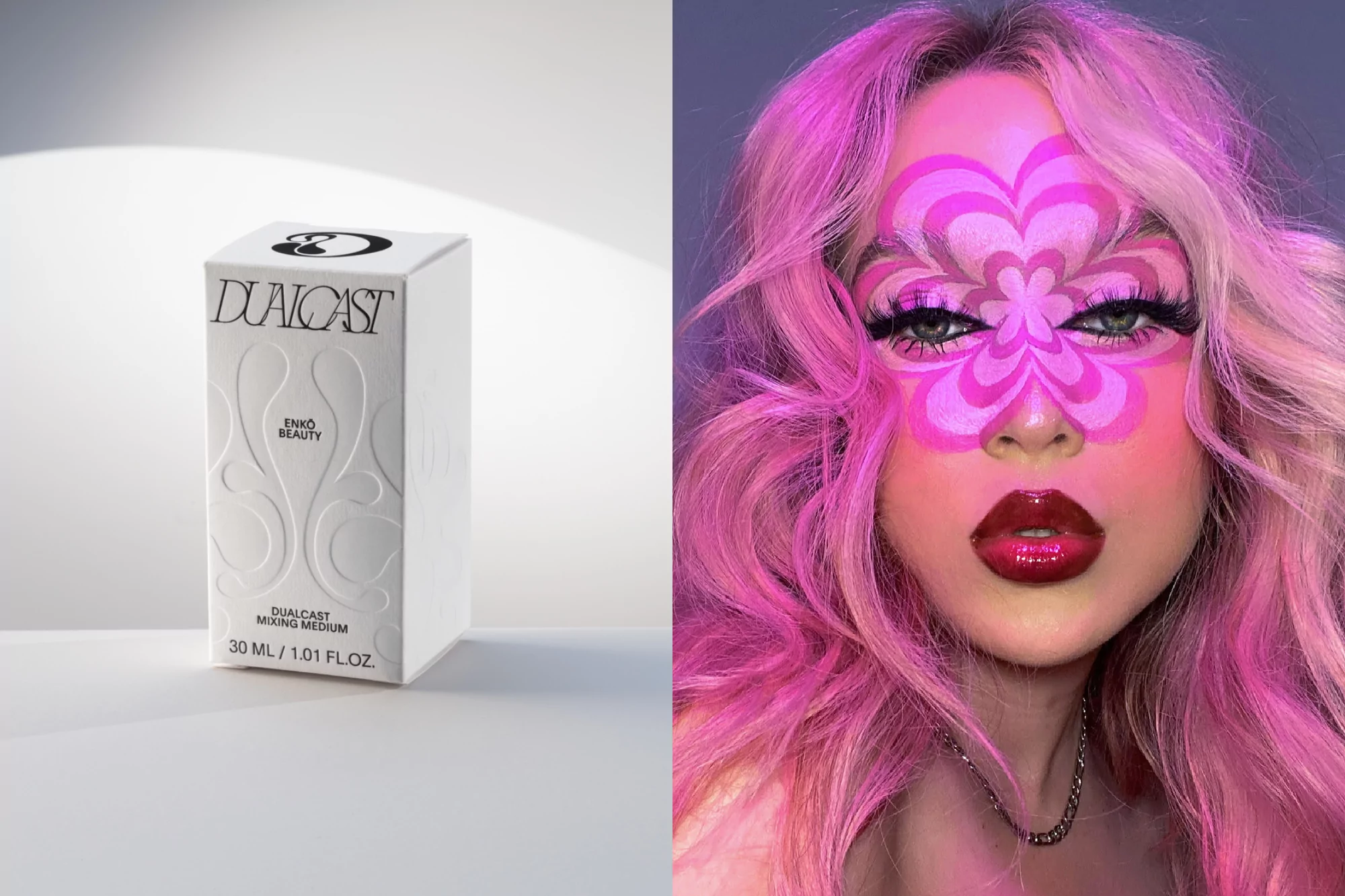 Beauty product box next to a person with pink hair and psychedelic face makeup in a close-up beauty shot with dramatic lighting.
