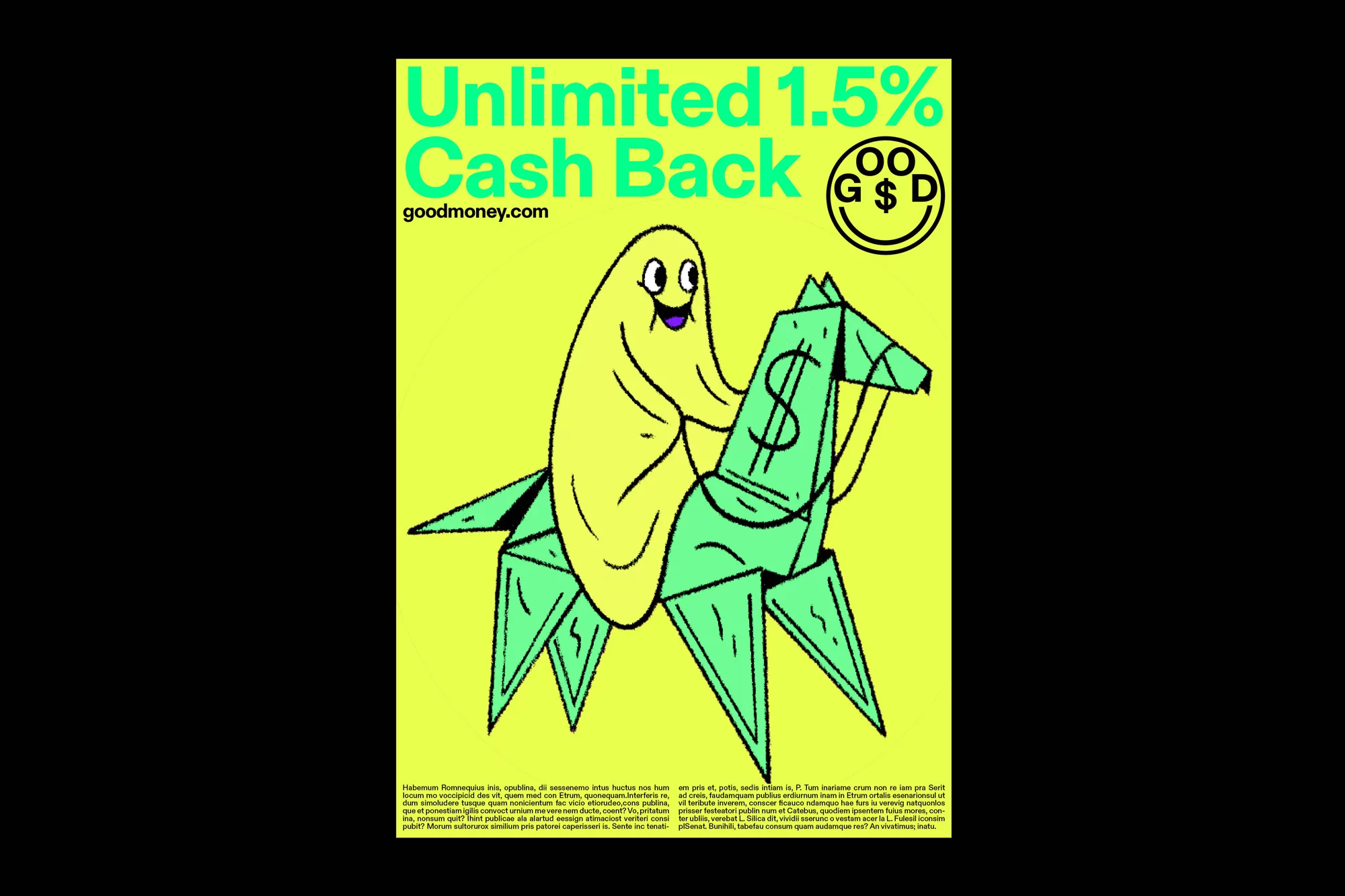 Digital illustration of a cartoon ghost riding a green origami horse on a yellow background, promoting a cash back offer.