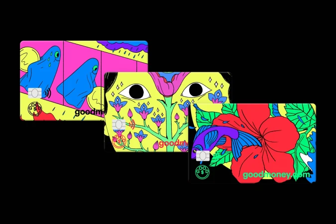Three vibrantly illustrated credit cards on a black background showcasing unique, colorful, and artistic financial designs.
