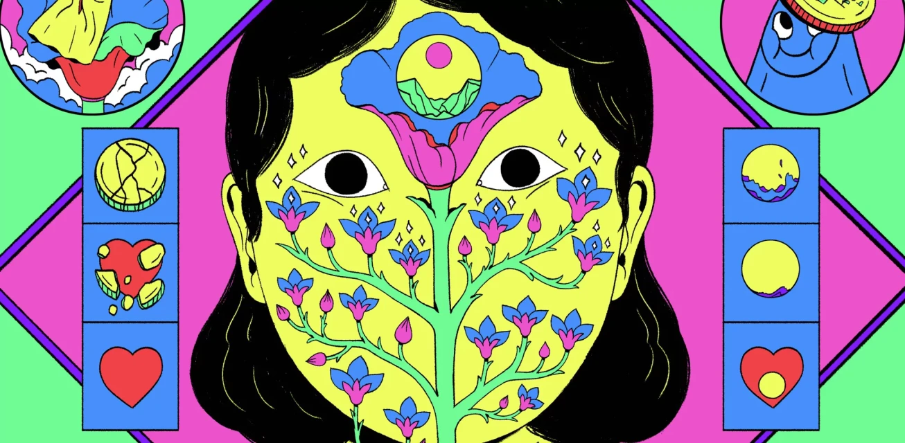Illustrated close-up of a woman's face with a flower growing out of it, surrounded by geometric shapes and small icons on a lime green background.
