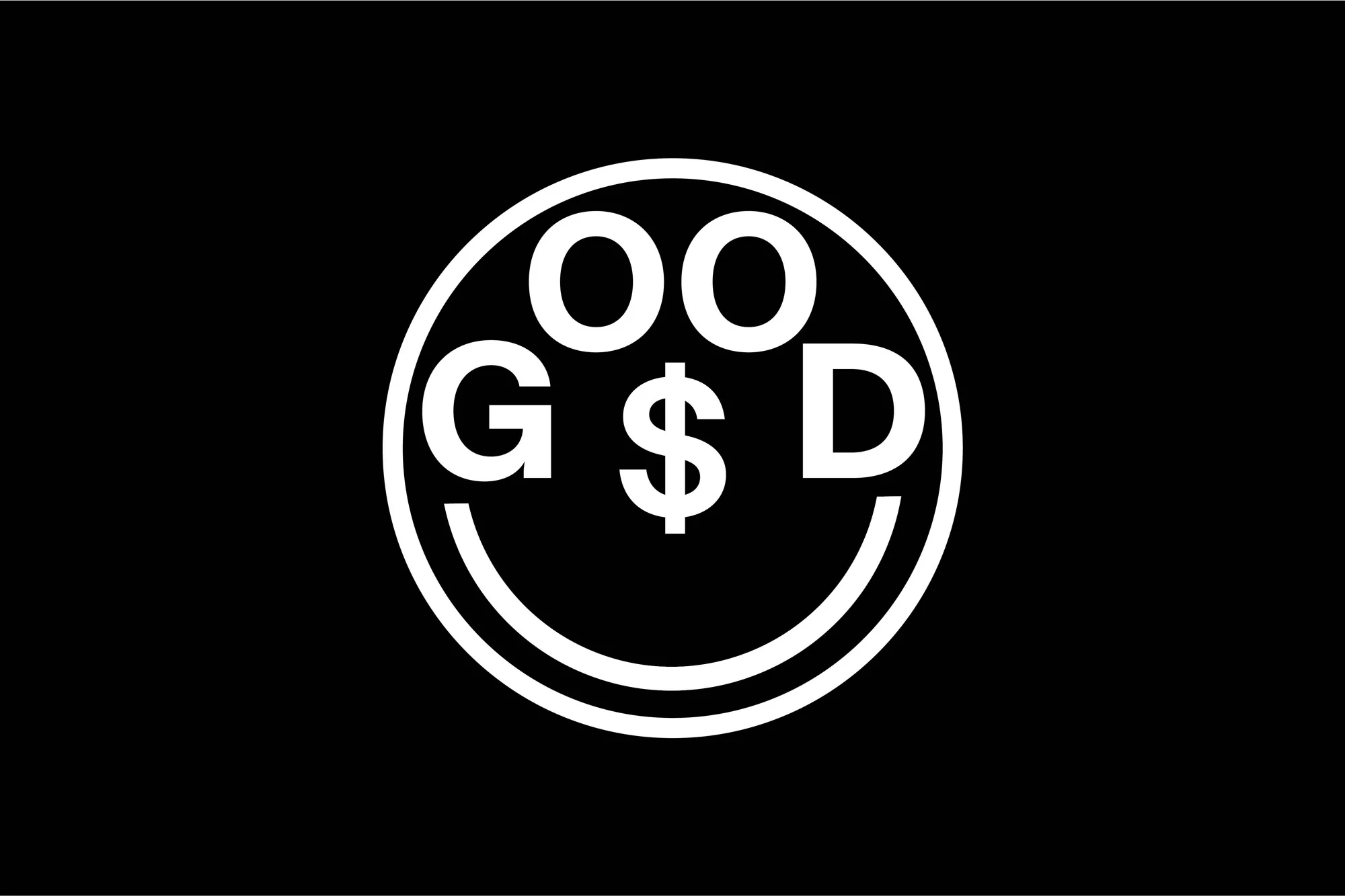 White graphic of the letters GOOD and a smiley face against a black background. The logo is contained within a white circle.