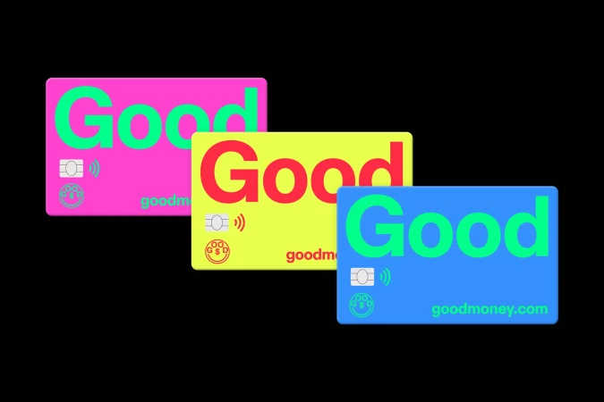 Three credit cards in pink, yellow, and blue display the brand name 'Good' with a logo and website address against a black backdrop.