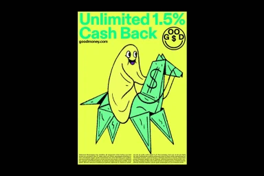 Good Money brand identity illustration featuring a character riding an origami horse against a lime green background with bold typography.