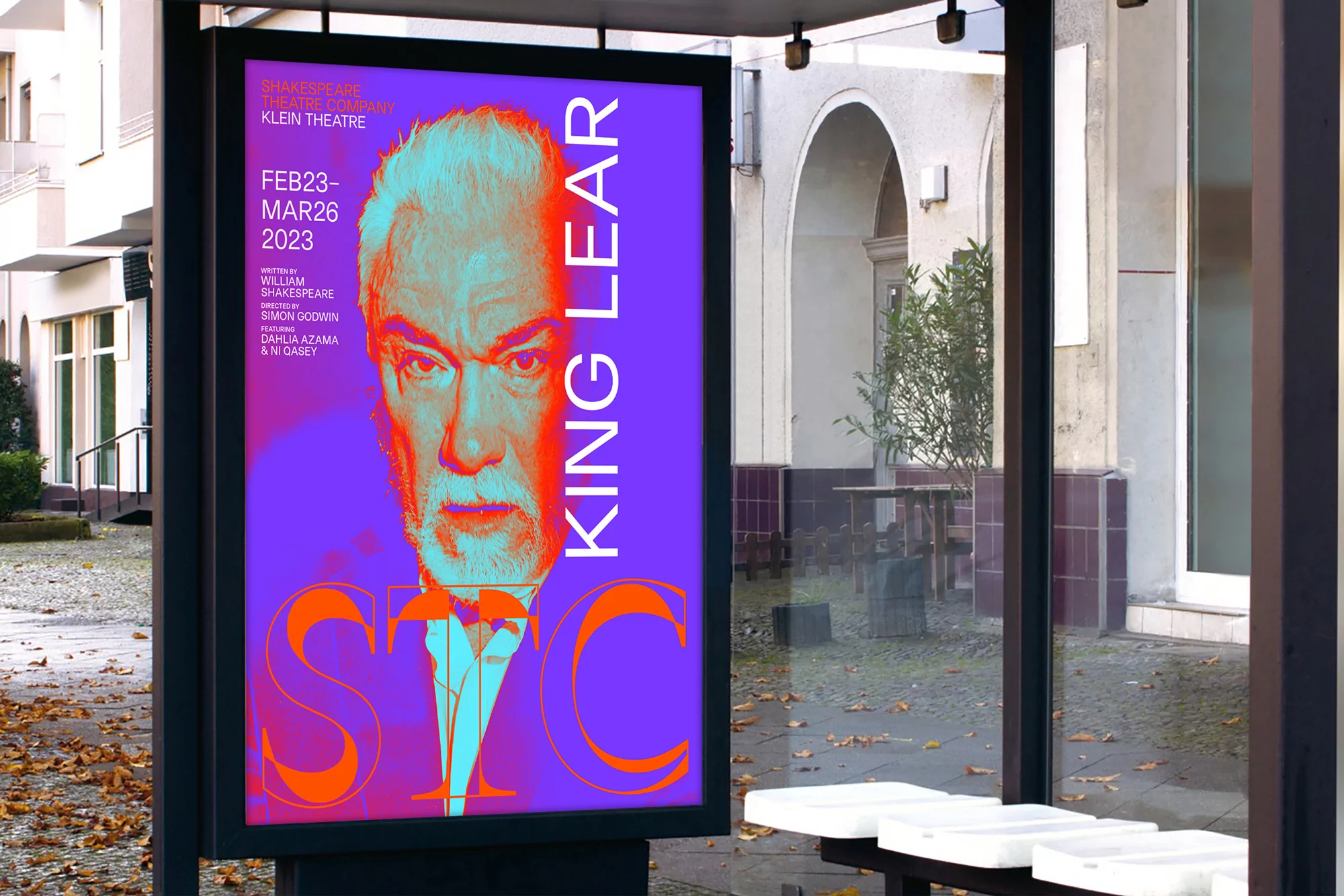 Illuminated poster featuring an illustration of an older man for the Shakespeare Theatre Company's production of King Lear.
