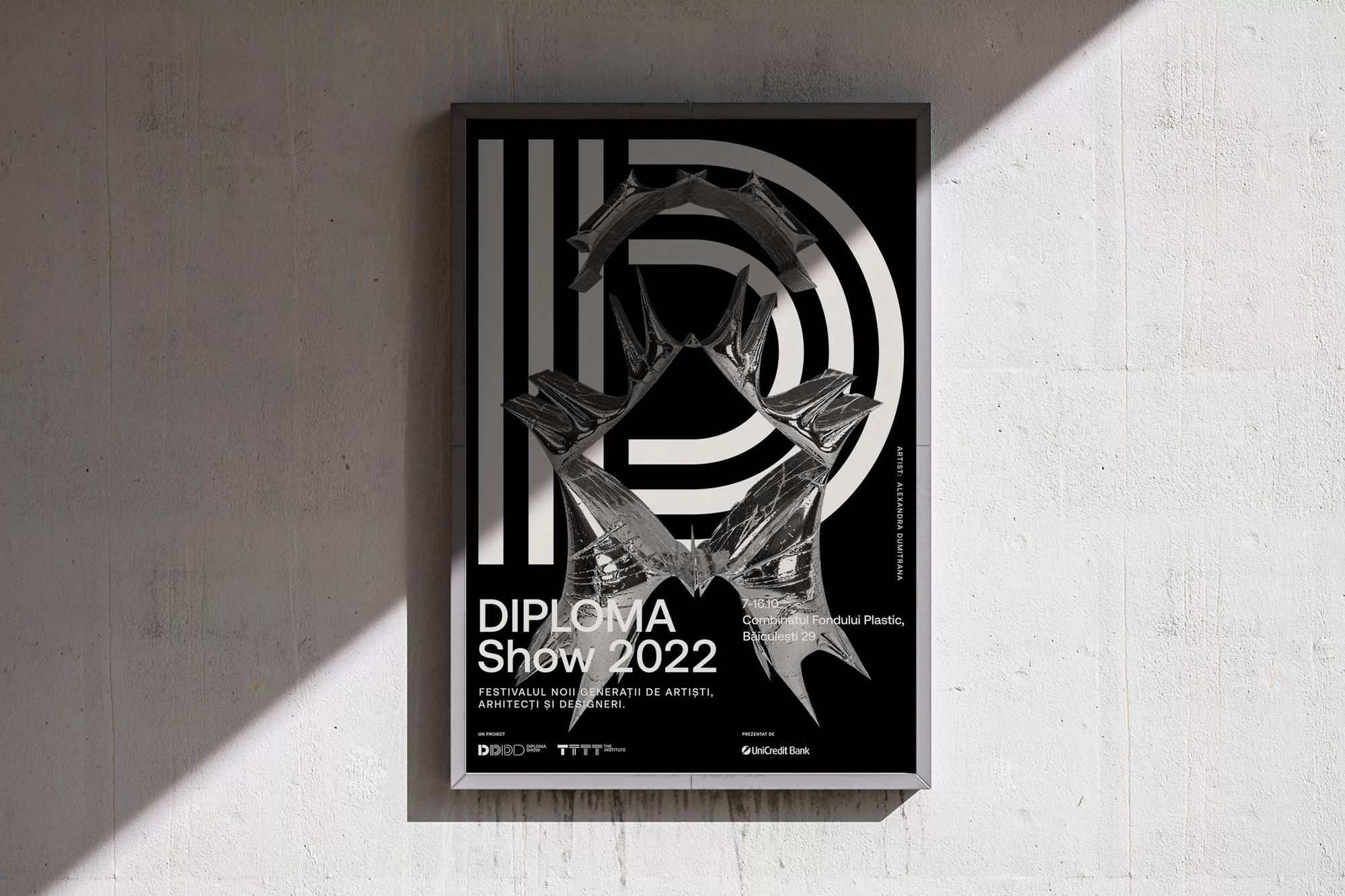 Poster for Diploma Show 2022 featuring abstract silver artwork against a black and white striped and circular graphic design background.